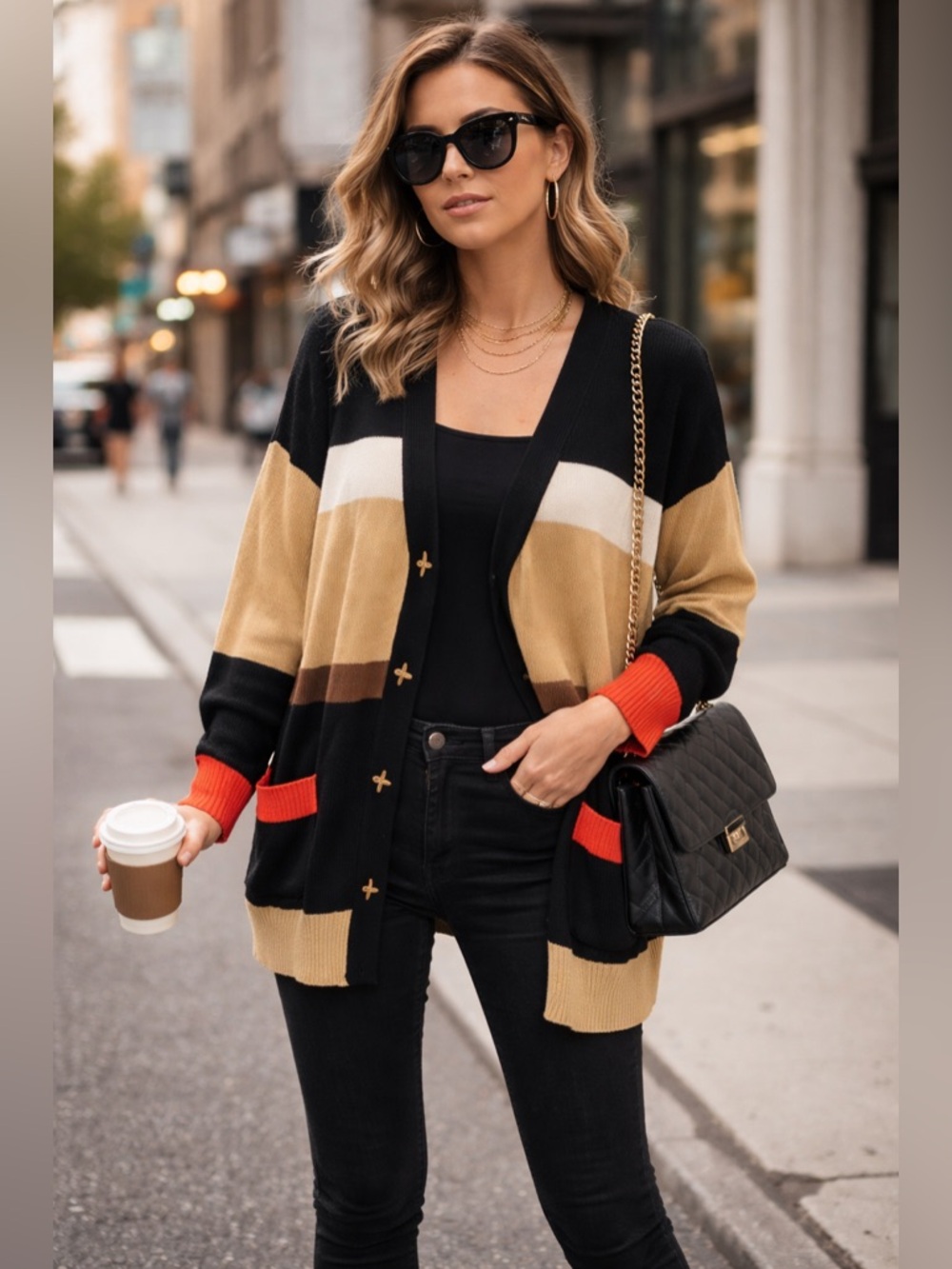LUSH Women’s Oversized Black Tan V-neck Color Block Stripe Cardigan Sweater S